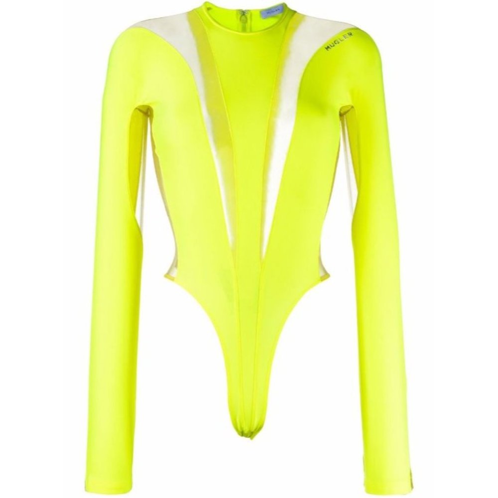 NWOT Mugler sheer-panels long-sleeved neon bodysuit Size 38/ US 4